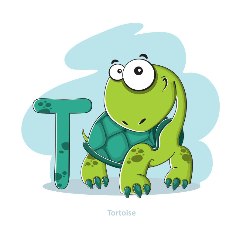 卡通字母T和绿色乌龟矢量插图