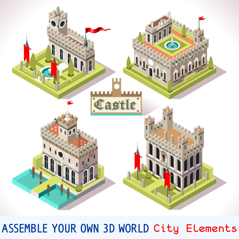 矢量城堡的卡通建筑设计元素