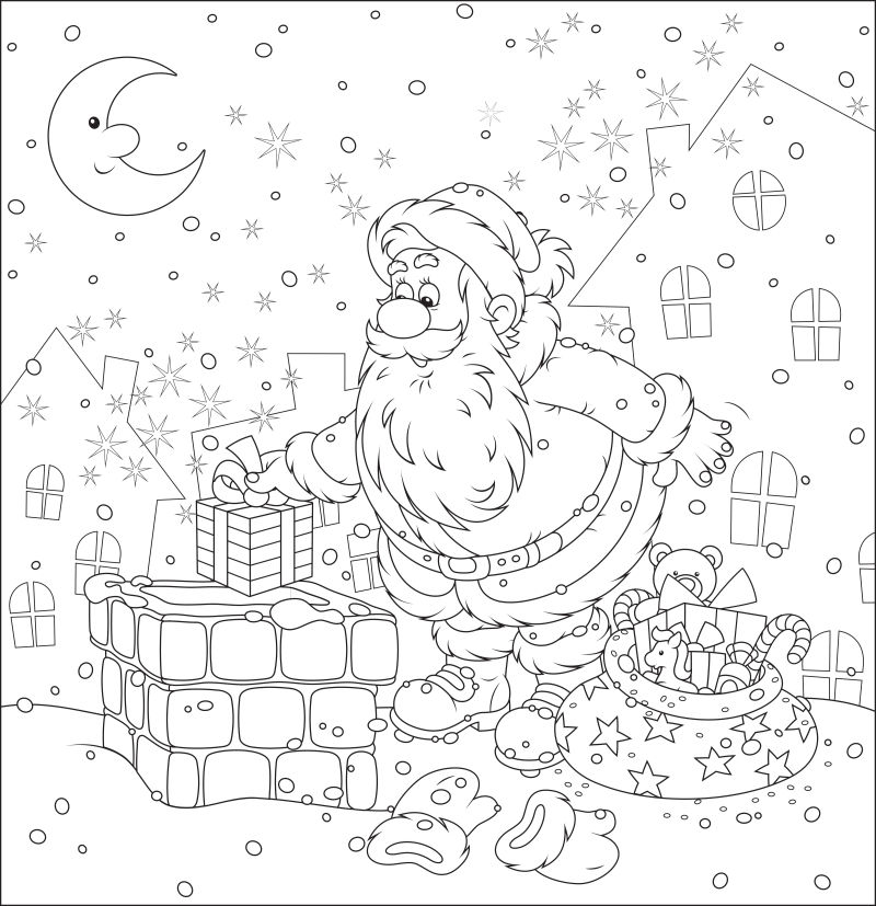 创意矢量屋顶上的圣诞老人填色插图