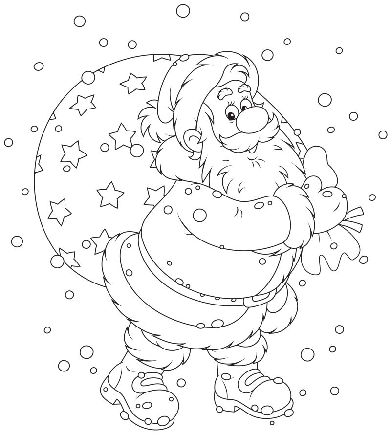 创意矢量背着礼物的圣诞老人填色插图