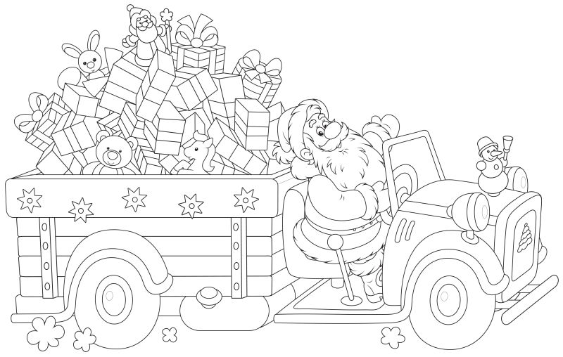 创意矢量圣诞老人去送礼物的填色插图