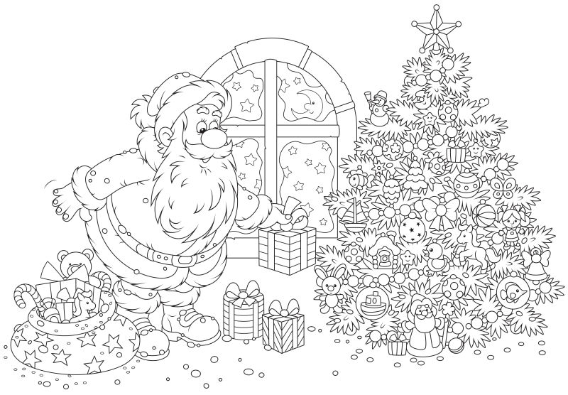 创意矢量圣诞老人放礼物的填色插图