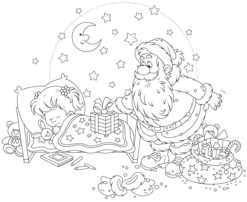 矢量偷偷放礼物的圣诞老人填色插图