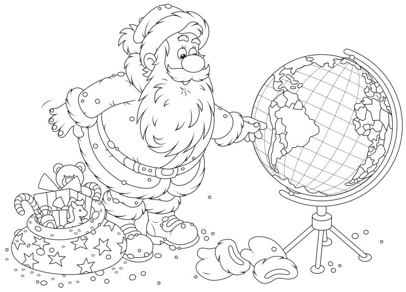 矢量正在计划送礼过程的圣诞老人填色插图