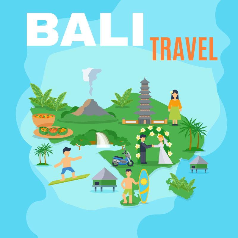  创意矢量平面风格的巴厘岛旅游插图