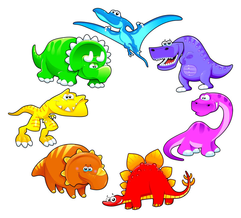 矢量七彩的卡通恐龙插图