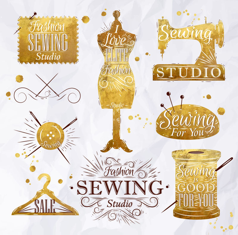 矢量金色缝纫工具的创意插图