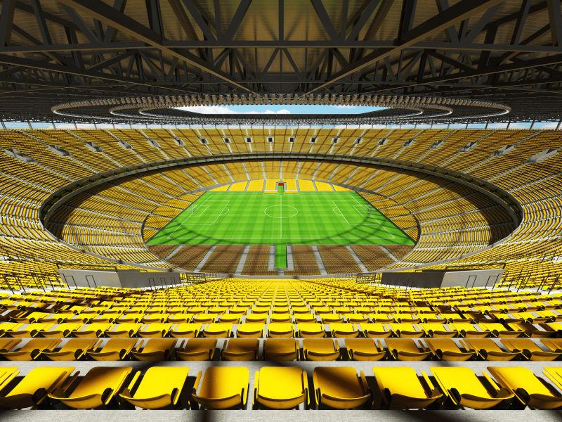10万人的黄色座位的足球场的三维渲染