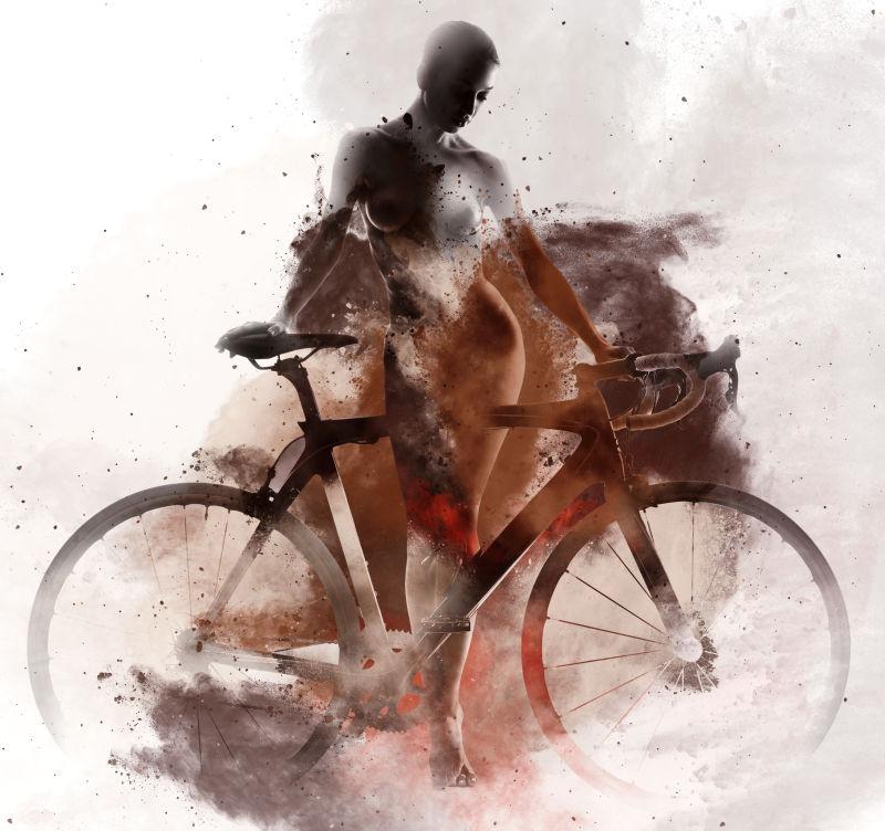 女人骑自行车与抽象水彩画