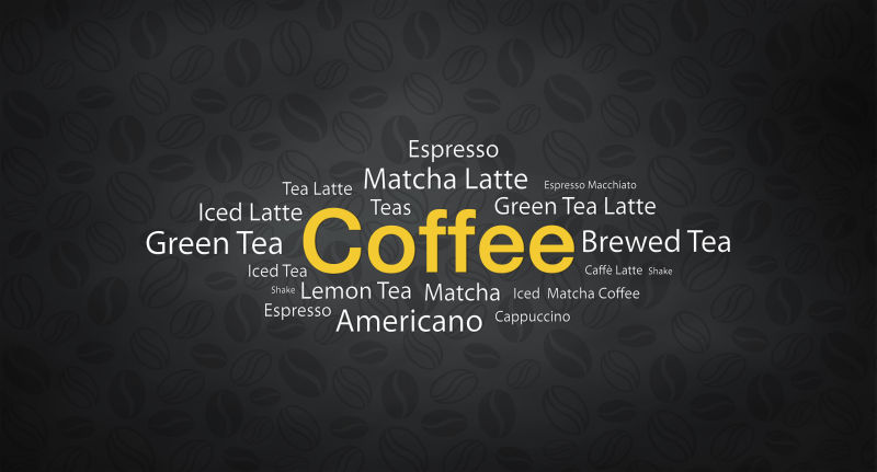 黑色咖啡图案带上的黄色咖啡字母的背景
