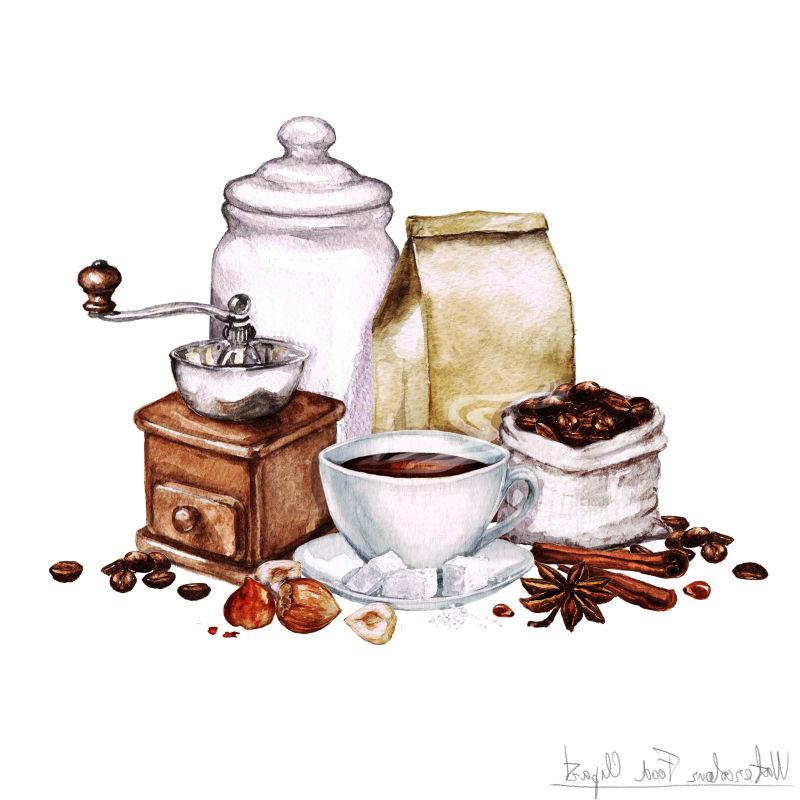 关于咖啡烹饪的水彩画