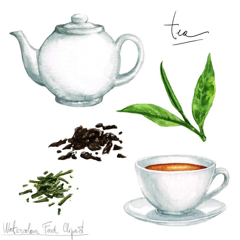 茶叶茶壶茶具水彩画