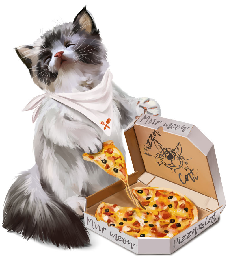 正在吃披萨的小猫水彩画