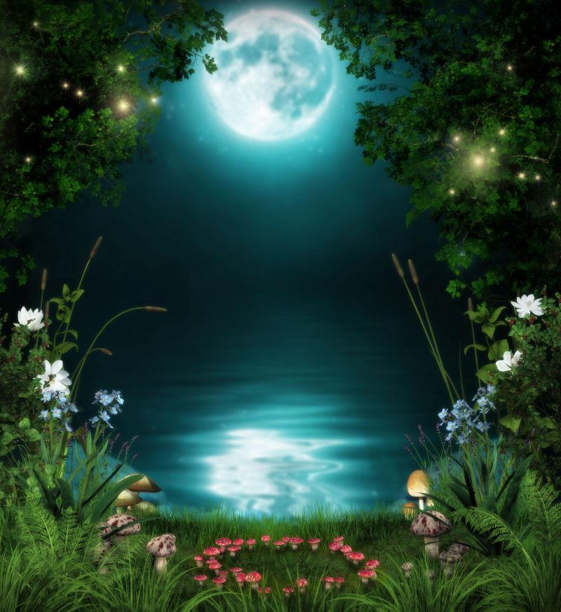 童话森林在夜晚的月光下的迷人的池塘