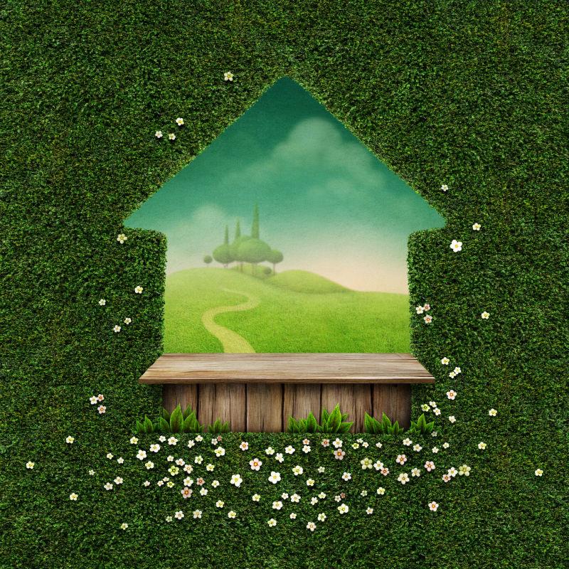 绿色墙壁上的房屋形状的窗户