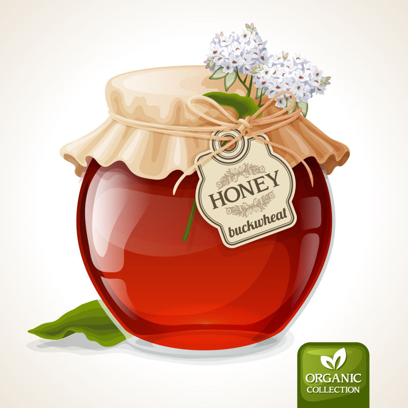 天然甜酸有机荞麦蜂蜜在玻璃瓶中的标签和纸封面说明