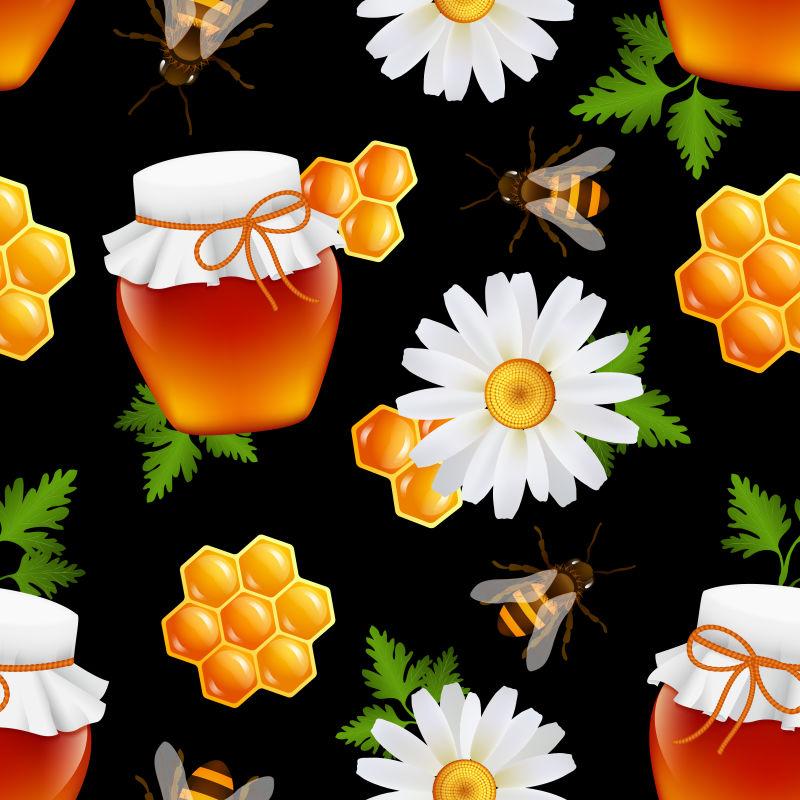 装饰蜂蜜食品玻璃罐熊蜂雏菊蜂窝叶无缝图案插图
