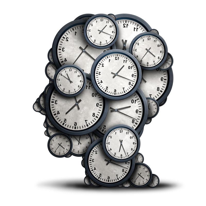 白色背景上的钟表组成的人头带来的时间概念