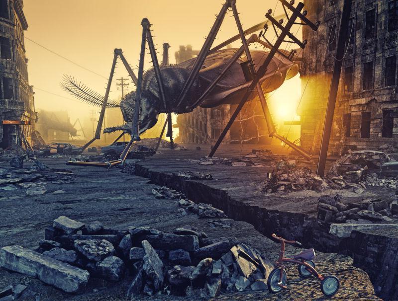 城市废墟上的巨型昆虫