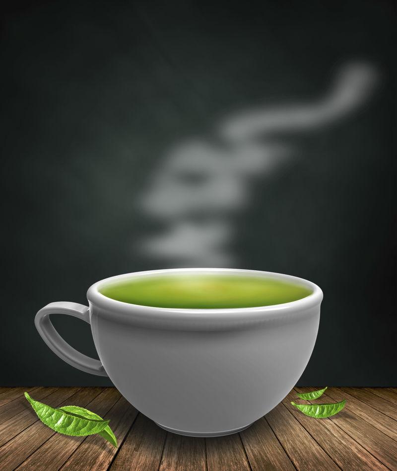 一杯绿茶冒着热气
