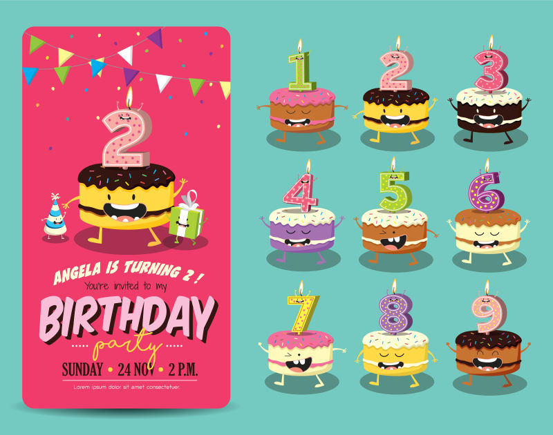 矢量生日贺卡插图和生日蛋糕设计元素
