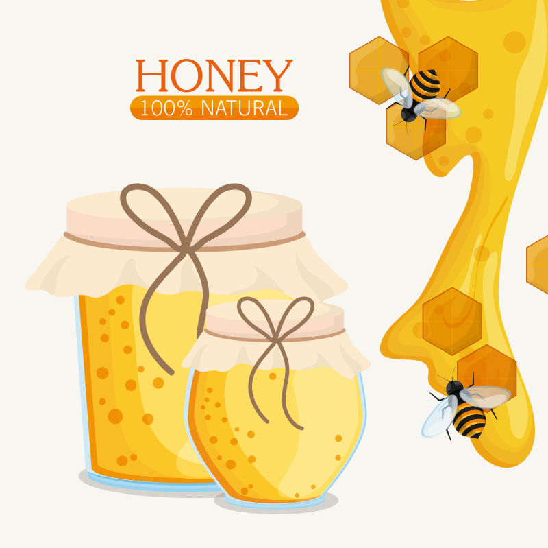 矢量蜂蜜罐和蜜蜂插图