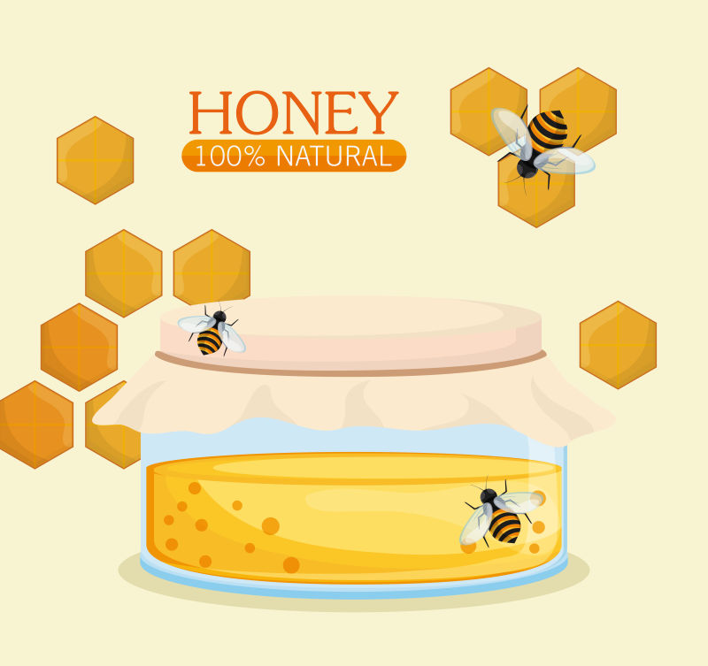 创意矢量采蜜的辛勤蜜蜂和蜂蜜插图