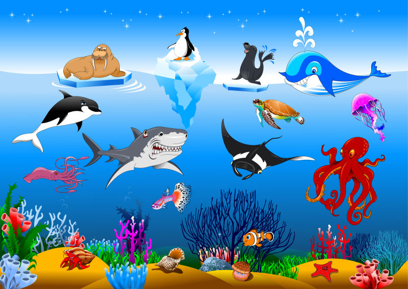 抽象矢量海中的动物插图