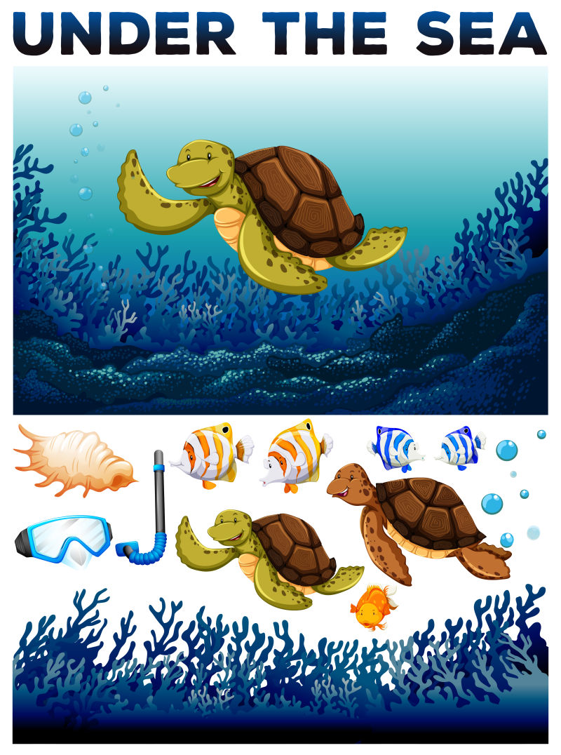 矢量可爱的海底动物插图