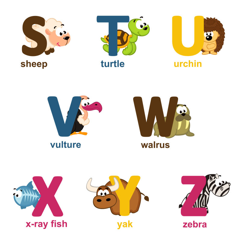 动物图案英文字母矢量插图