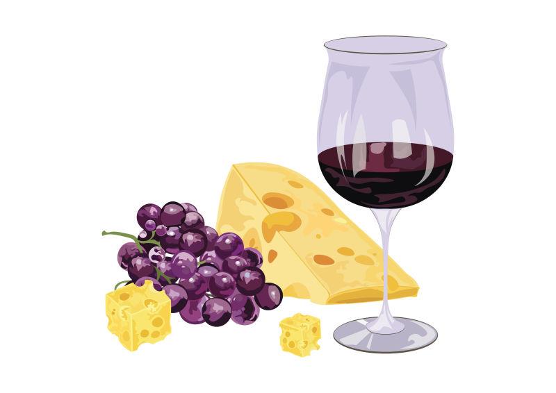 白色背景上的矢量葡萄酒与葡萄和奶酪