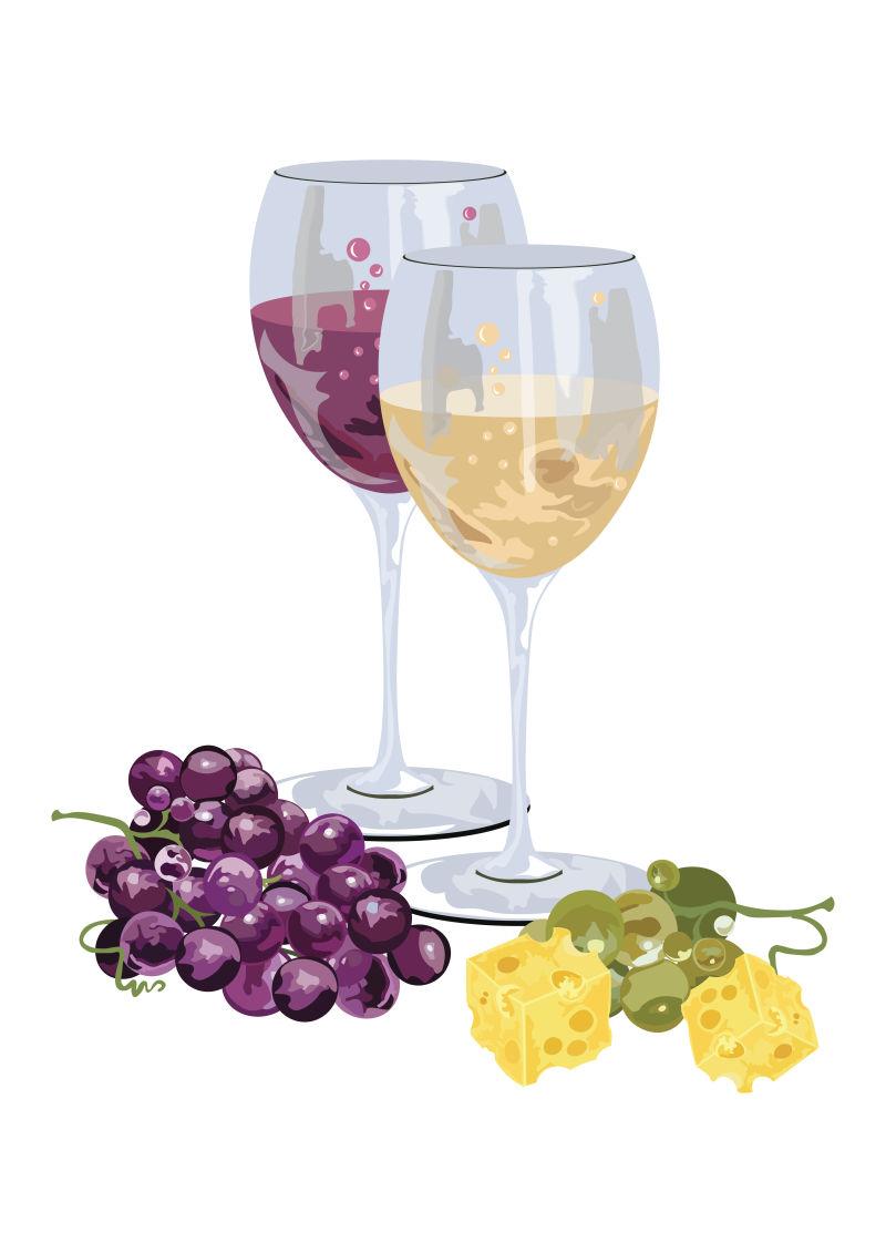 白色背景上的矢量葡萄与葡萄酒