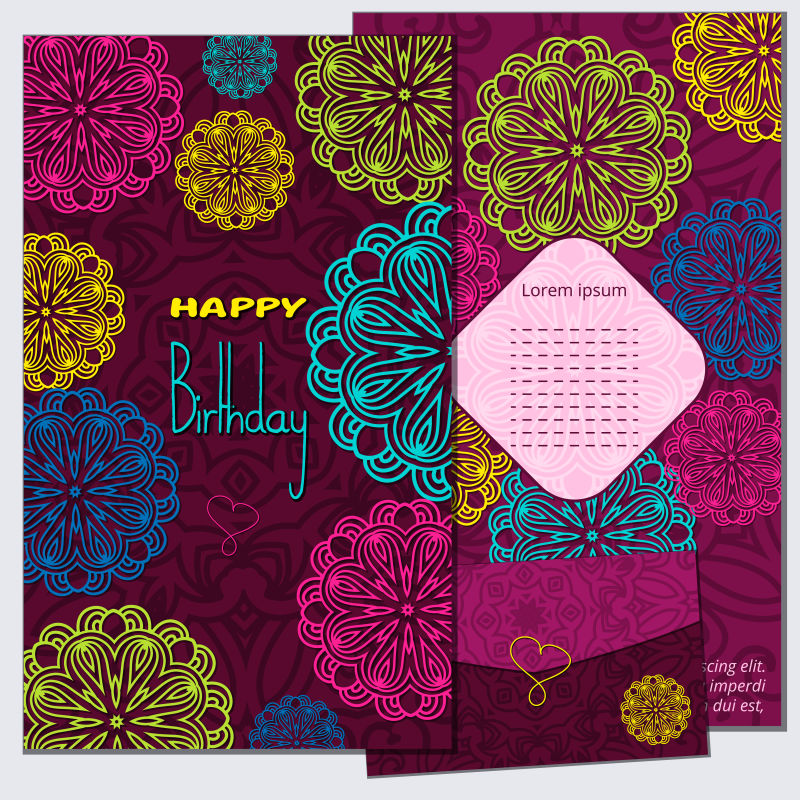 创意古典装饰花卉纹样的生日贺卡设计