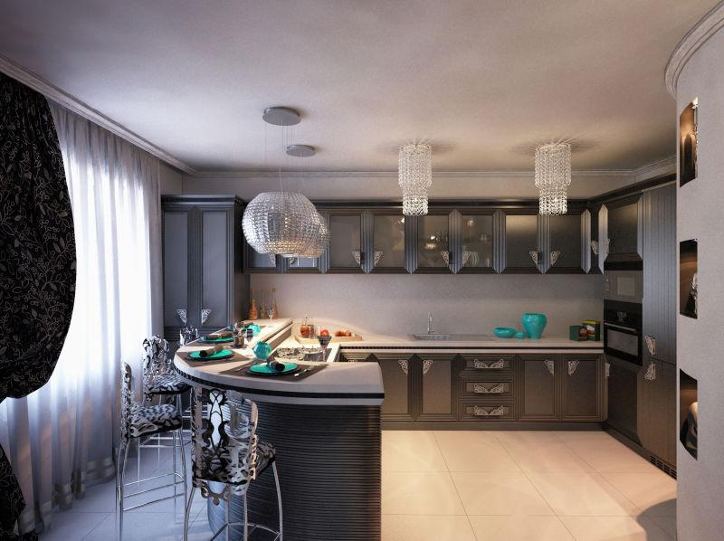 艺术装饰风格中的黑色厨房3D渲染