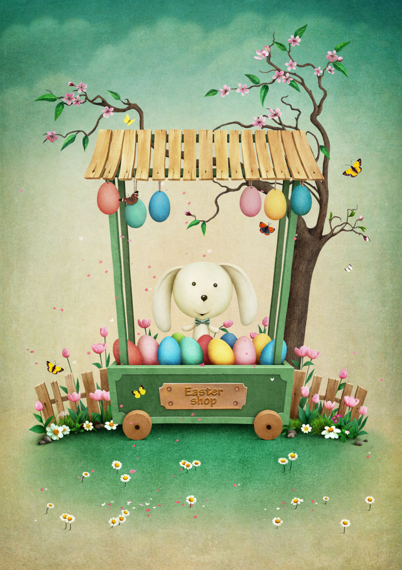 复活节卡片里的童话蛋和兔子