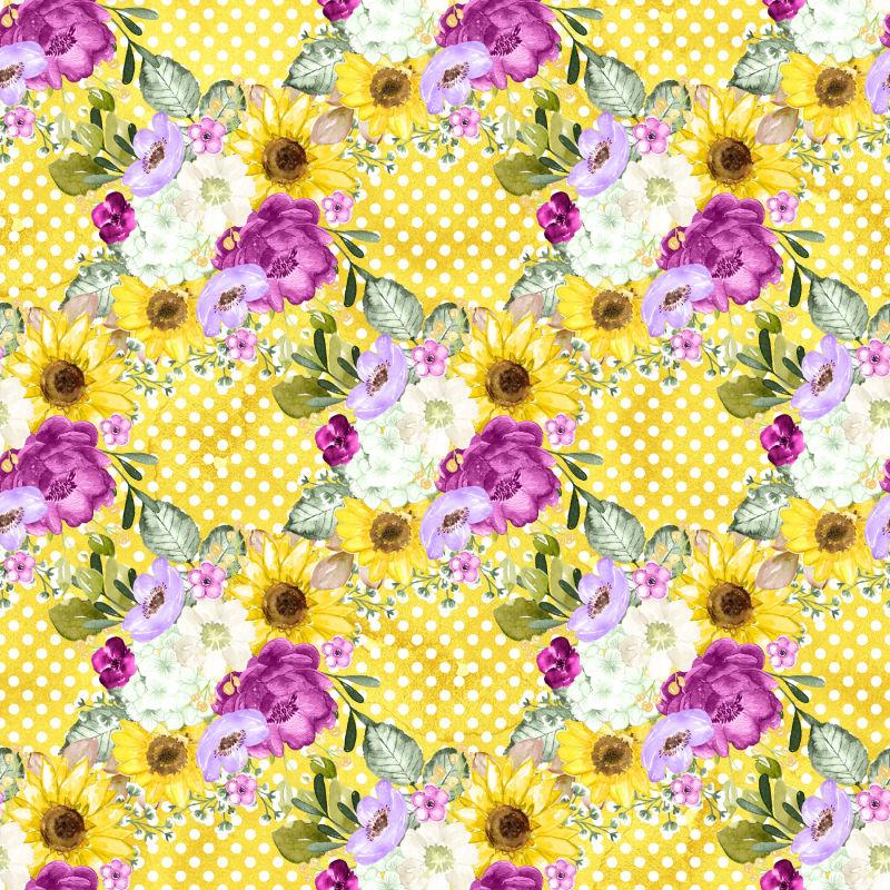 黄色背景与夏季花园花的无缝水彩花卉图案