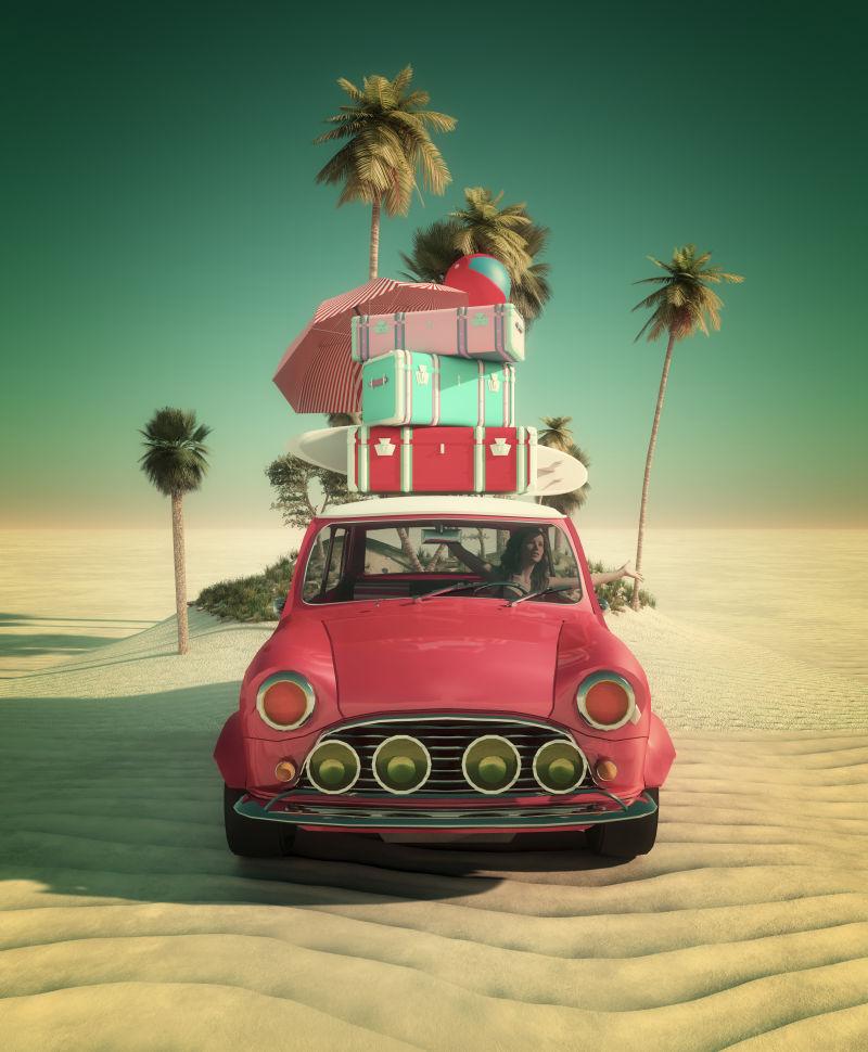沙滩上一辆粉色的旅行汽车