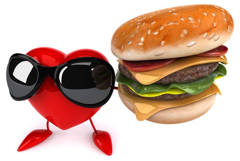 白色背景中拿着汉堡带着墨镜的红心