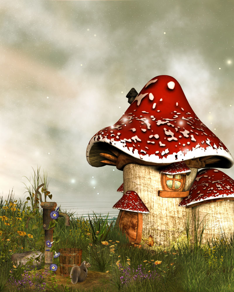 天空下的蘑菇屋魔幻场景