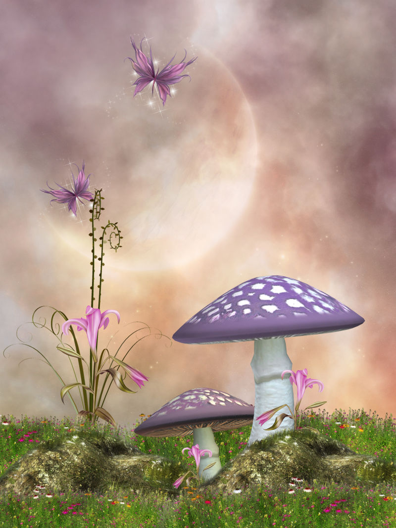 月光下的紫色蝴蝶和蘑菇魔幻场景