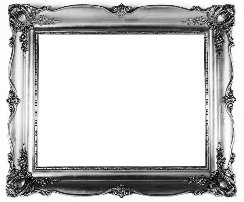 白色背景下的古董银色镜框