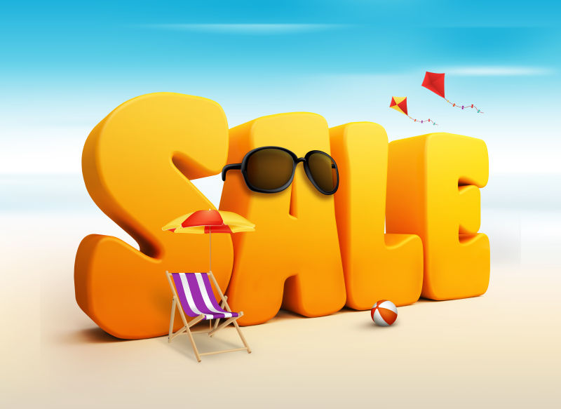 沙滩背景上的3d夏季销售概念插图