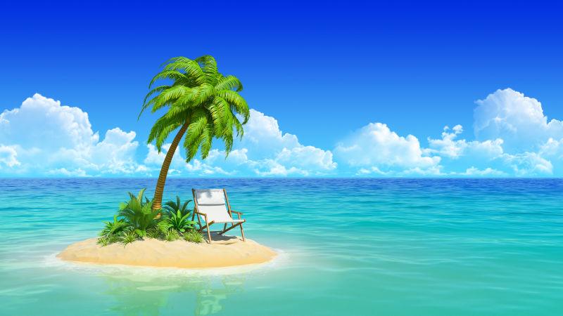 热带岛屿上的躺椅和棕榈树