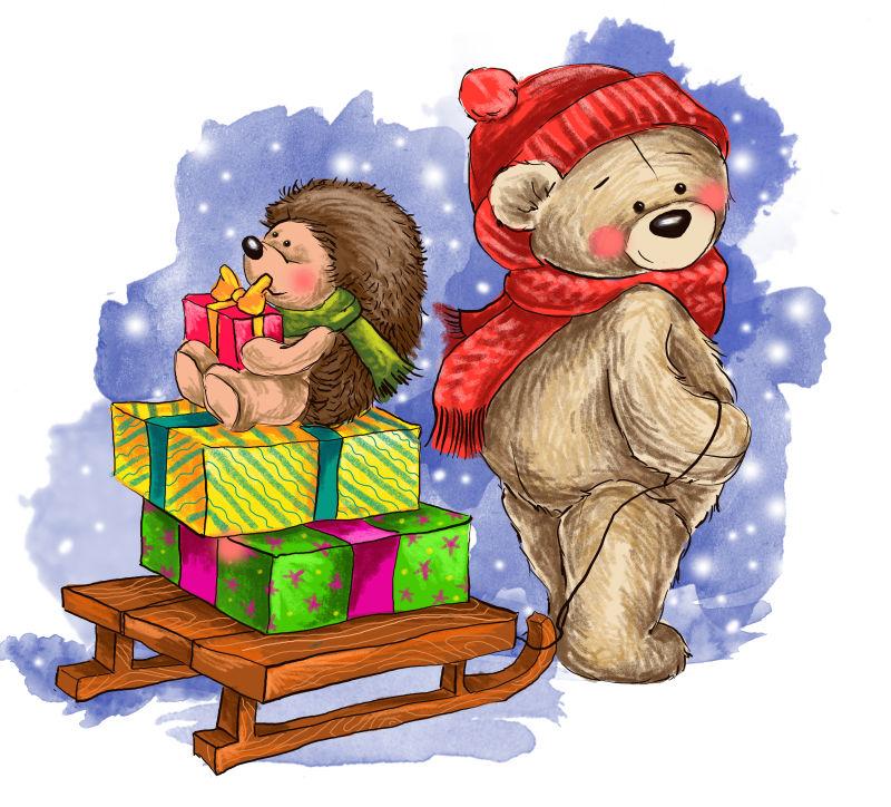 可爱的熊带着刺猬和礼物携带雪橇