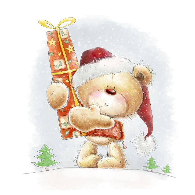 戴着Santa帽子的大红色礼物的泰迪熊