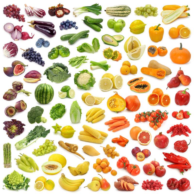 白色背景上的按颜色排列的水果蔬菜