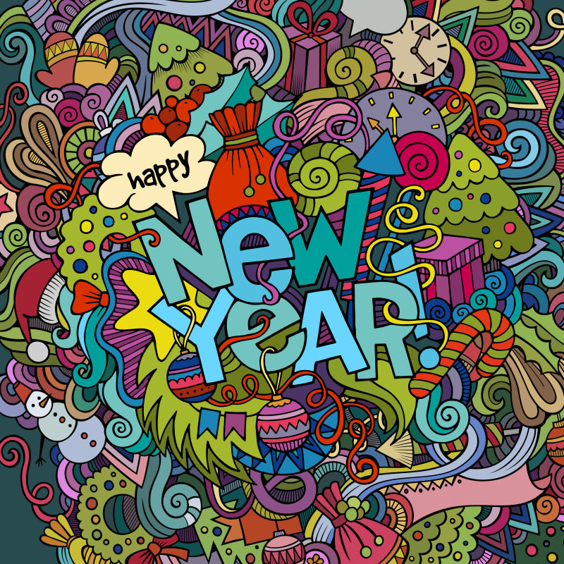 矢量手工刻字和涂鸦元素新年快乐背景