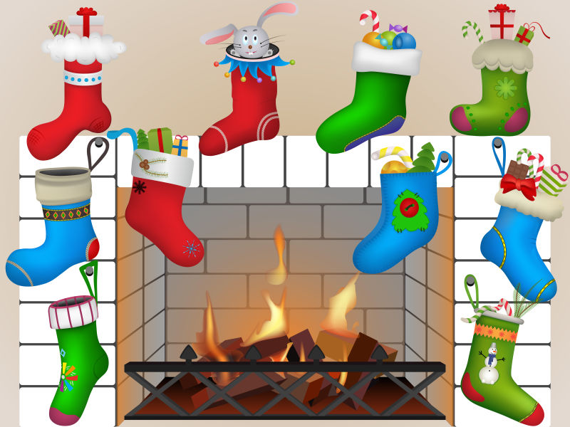 装饰着圣诞袜子的火炉矢量背景