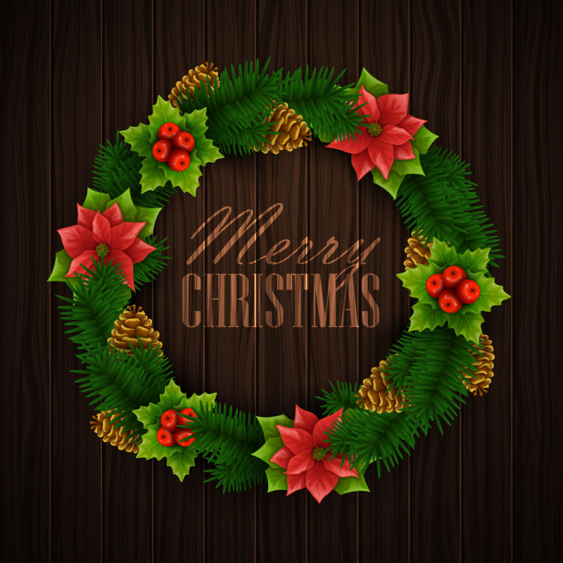 木质背景上的圣诞花环矢量插图