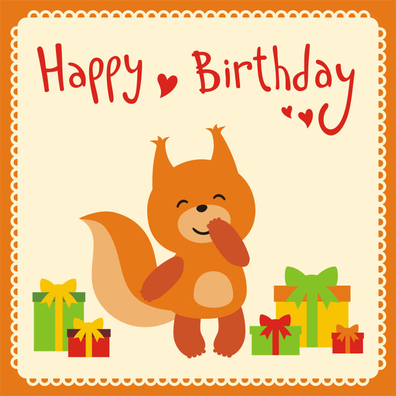 可爱的小松鼠带着生日礼物贺卡矢量